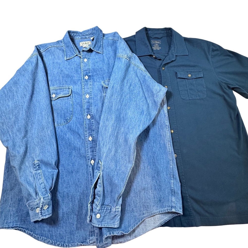 LL Bean Mens Shirt Bundle Large Denim Long Sleeve & Navy Cotton Short Sleeve